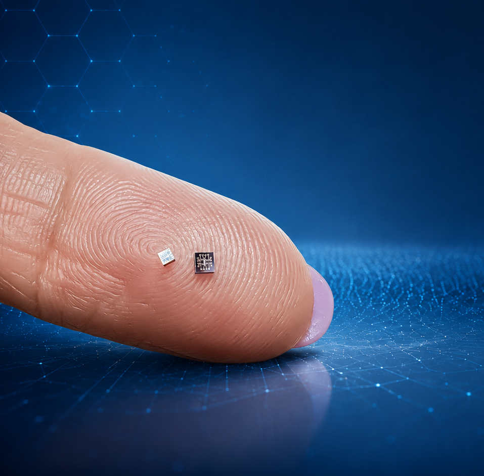 N5 SPH sensor chips shown at true scale on a fingertip